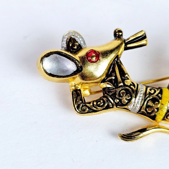 Vintage 50's Spanish Damascene Scatter Relaxing Mouse Gold & Black Pin Brooch - Picture 2 of 5